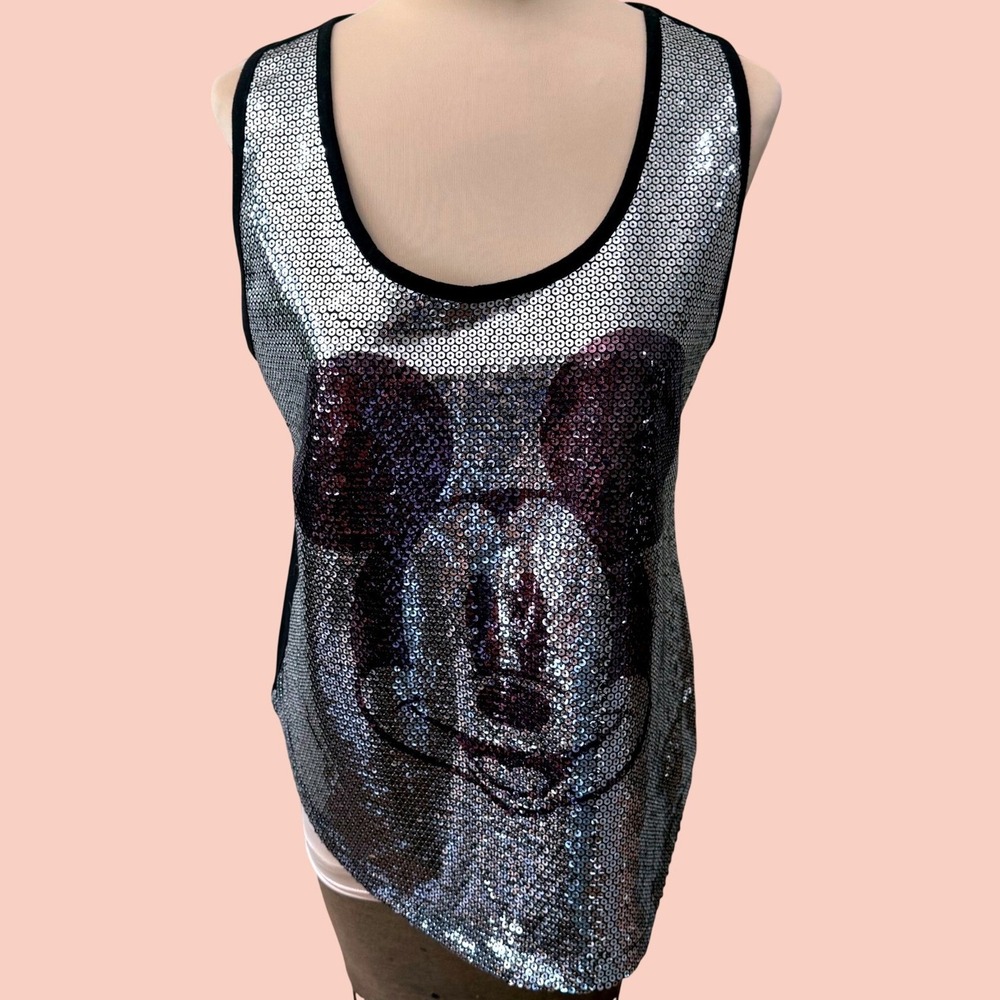 Disney Mickey Mouse Sequin Tank Top Womens XL Black Silver Sparkle Disneyworld